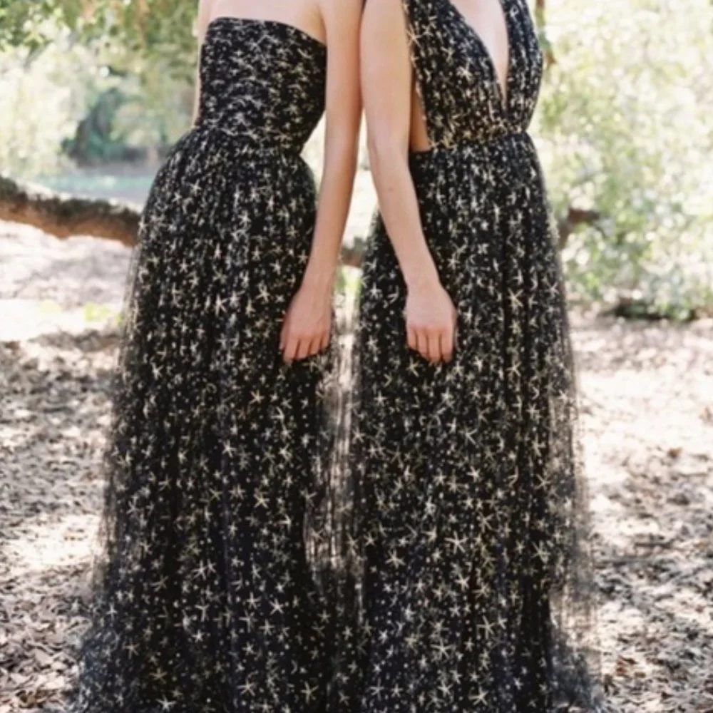 Joanna August x BHLDN Brenda 2 Black Gold Celestial Star Tulle Strapless Maxi - Picture 4 of 10